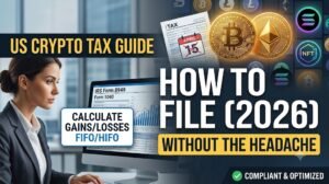 "US Crypto Tax Guide 2026 for calculating capital gains and losses using FIFO and HIFO methods by BooksKeeping Expert."